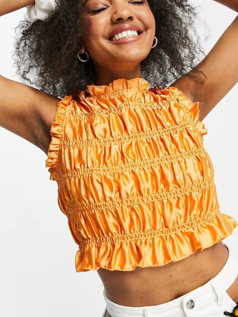 Lola May shirred satin crop top in peach